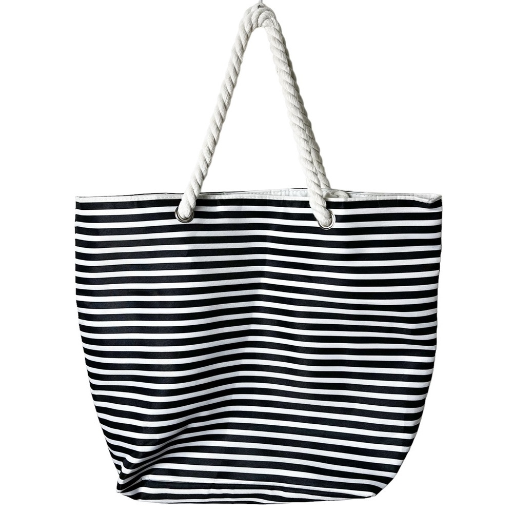 Black & White‎ Striped Beach Tote Plastic Lining Cord Handles Magnetic Snap